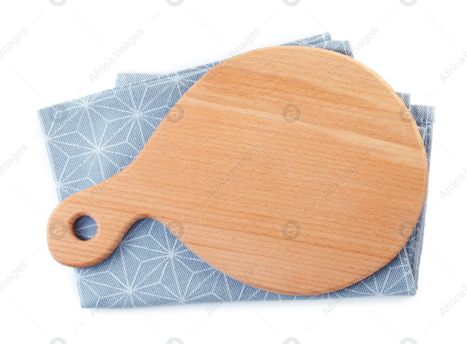 Photo of Wooden cutting board and napkin isolated on white, top view