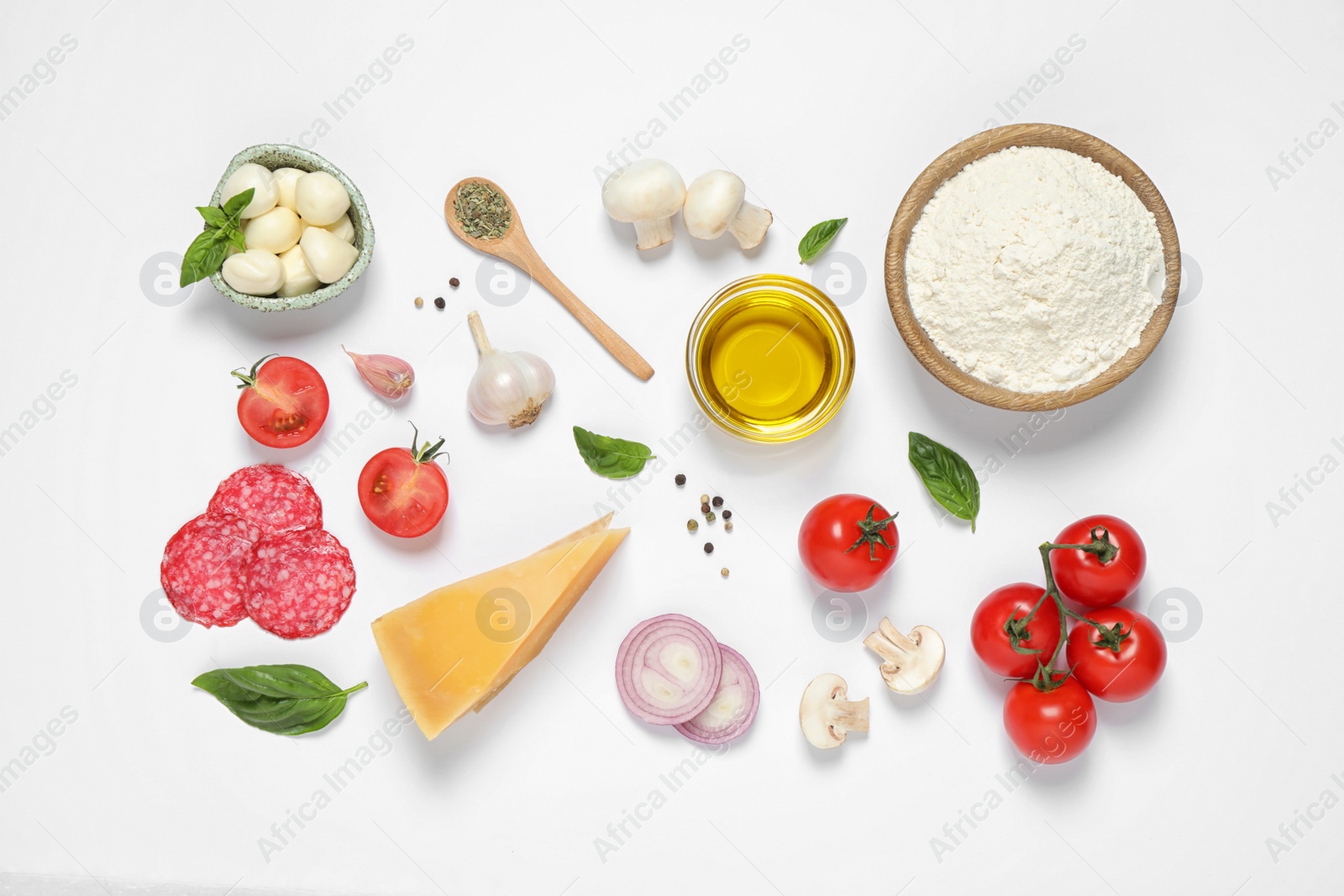 Photo of Flat lay composition with fresh ingredients for pizza on white background