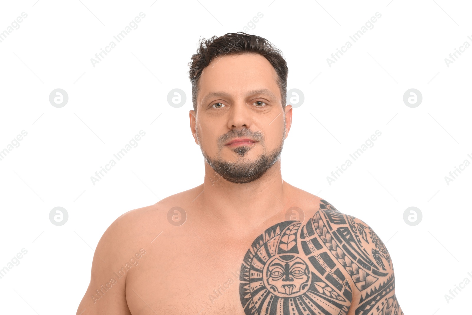 Photo of Portrait of shirtless man on white background