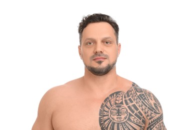 Photo of Portrait of shirtless man on white background