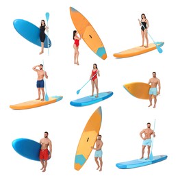 Image of Photos of young man and woman with sup boards isolated on white, collage