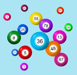 Illustration of Many lottery balls falling on light blue background