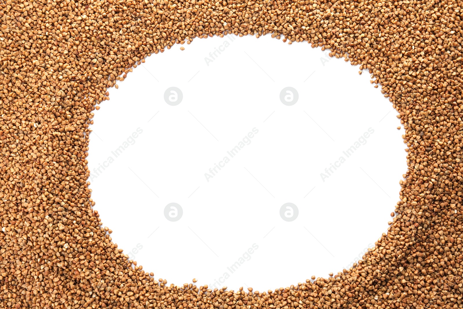 Photo of Raw buckwheat on white background. Healthy grains and cereals