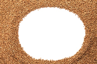 Photo of Raw buckwheat on white background. Healthy grains and cereals