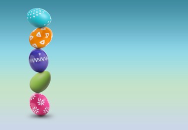 Image of Stack of bright Easter eggs on blue green gradient background, space for text