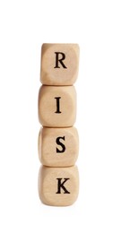 Photo of Word Risk made of small wooden cubes on white background