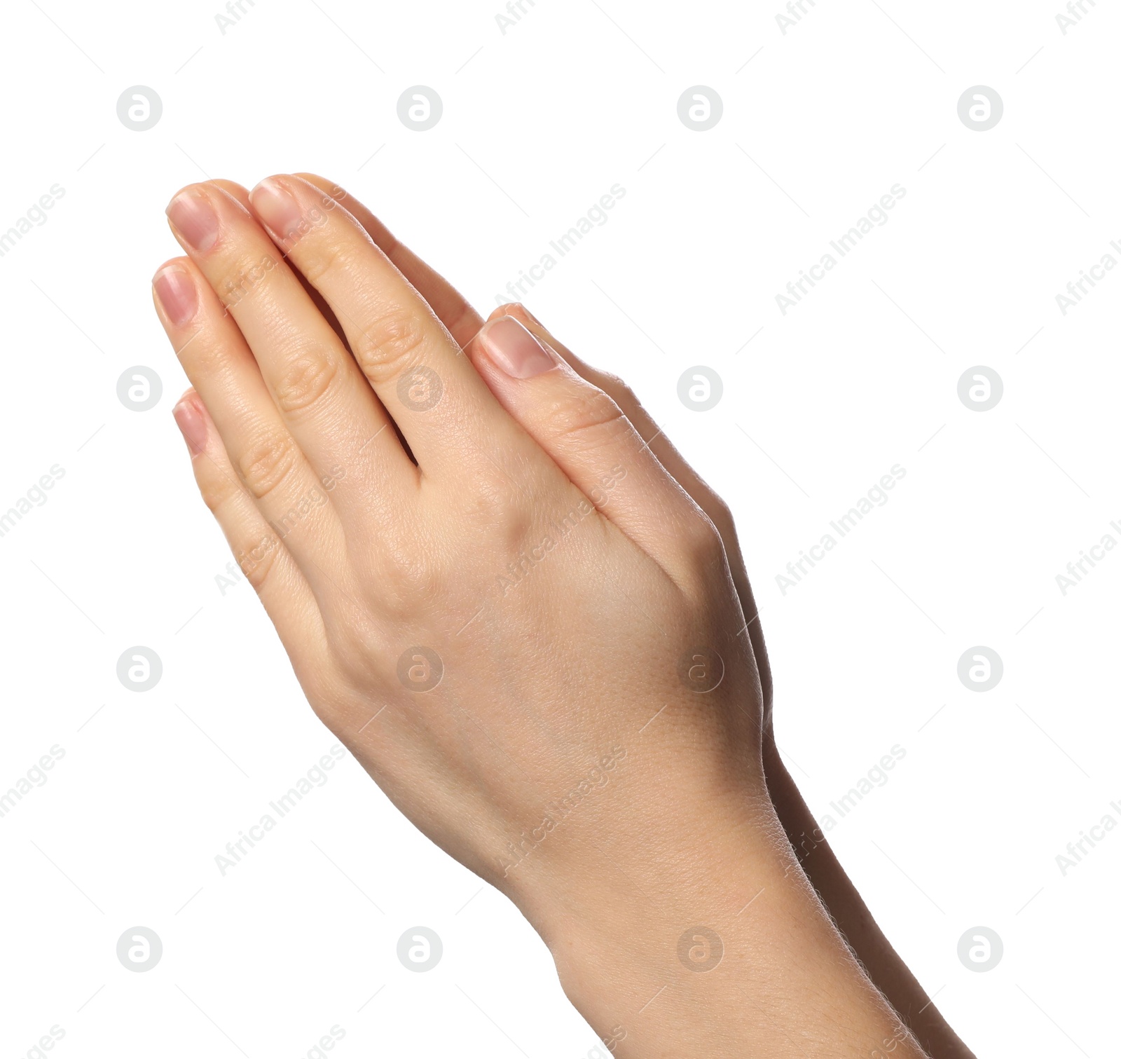 Photo of Religion. Christian woman praying on white background, closeup