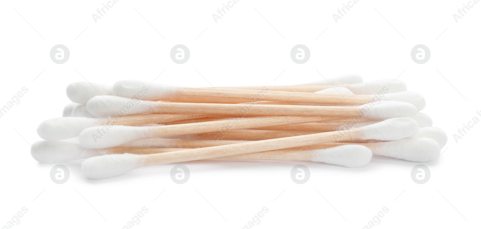 Photo of Wooden cotton swabs on white background. Hygienic accessory