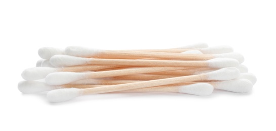 Wooden cotton swabs on white background. Hygienic accessory