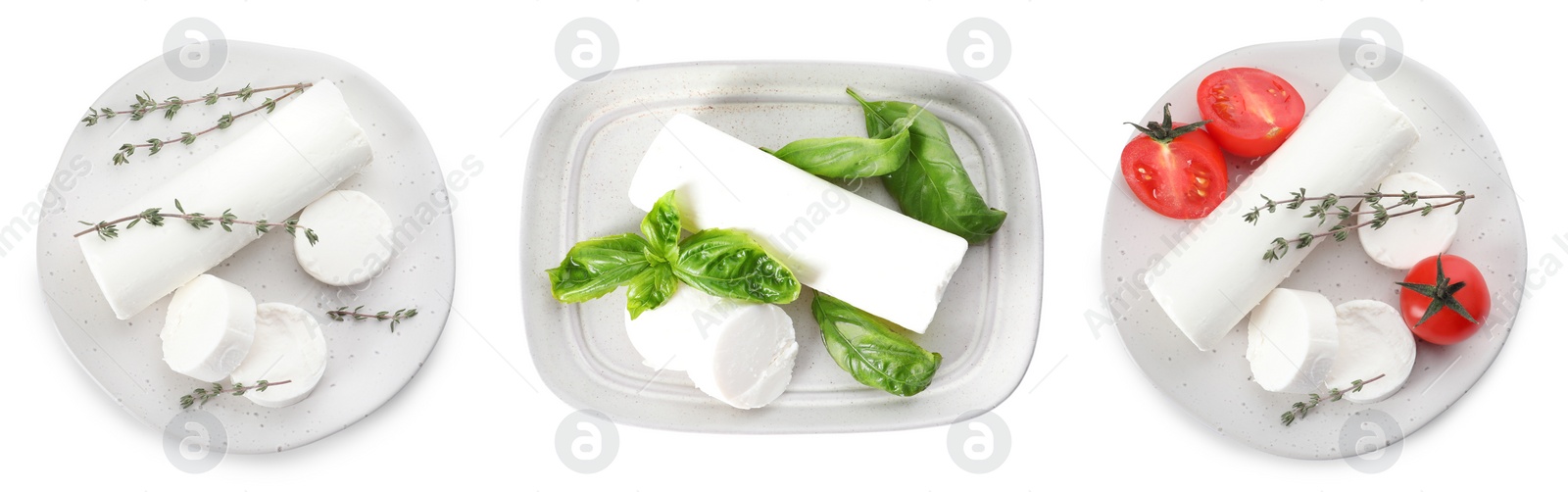 Image of Set with delicious goat cheese on white background, top view. Banner design