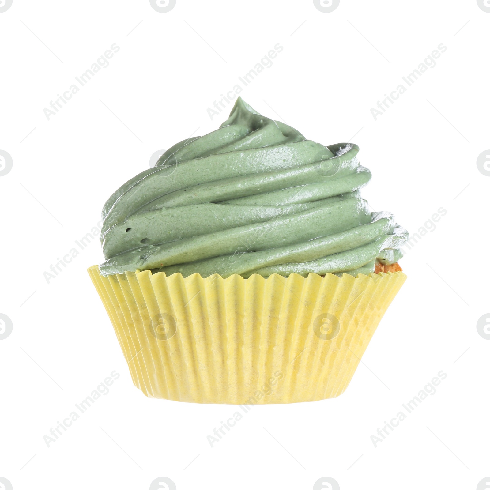 Photo of Delicious cupcake with green cream isolated on white