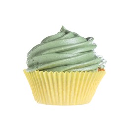 Photo of Delicious cupcake with green cream isolated on white