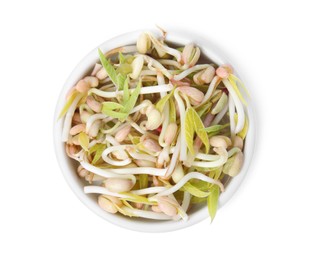 Photo of Mung bean sprouts in plate isolated on white, top view