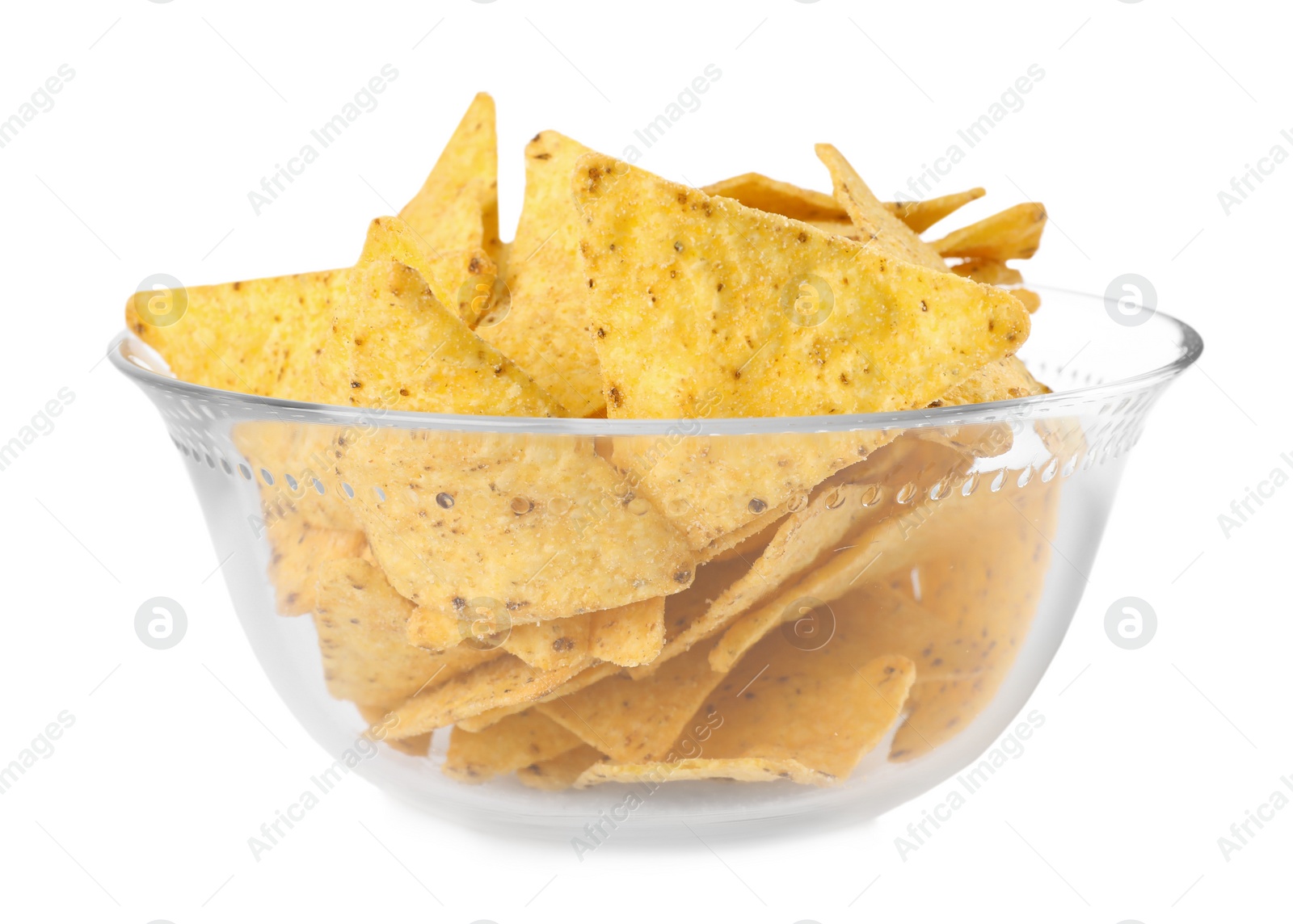 Photo of Glass bowl with tasty Mexican nachos chips on white background