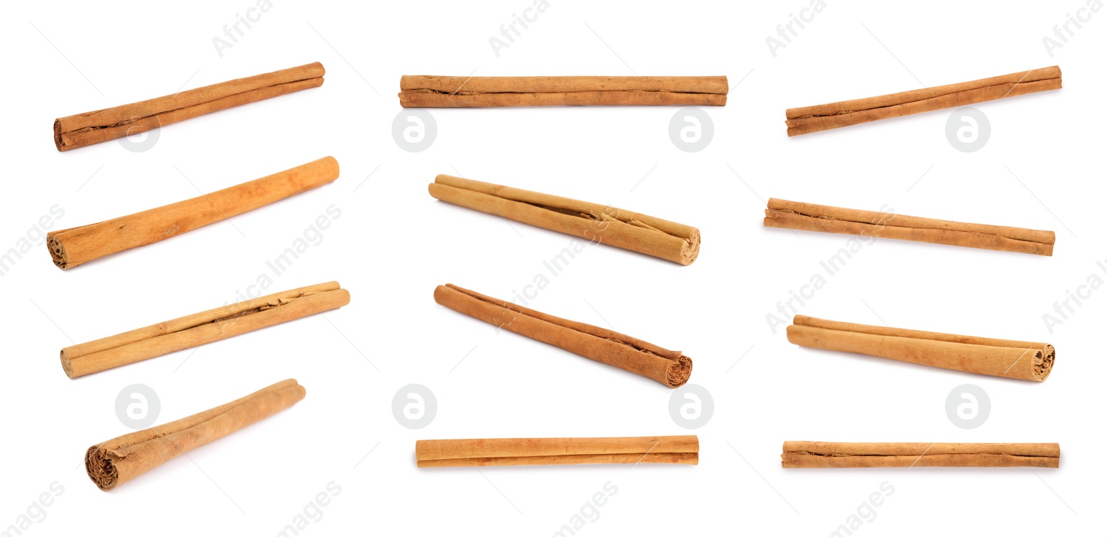 Image of Set with aromatic cinnamon sticks on white background, banner design