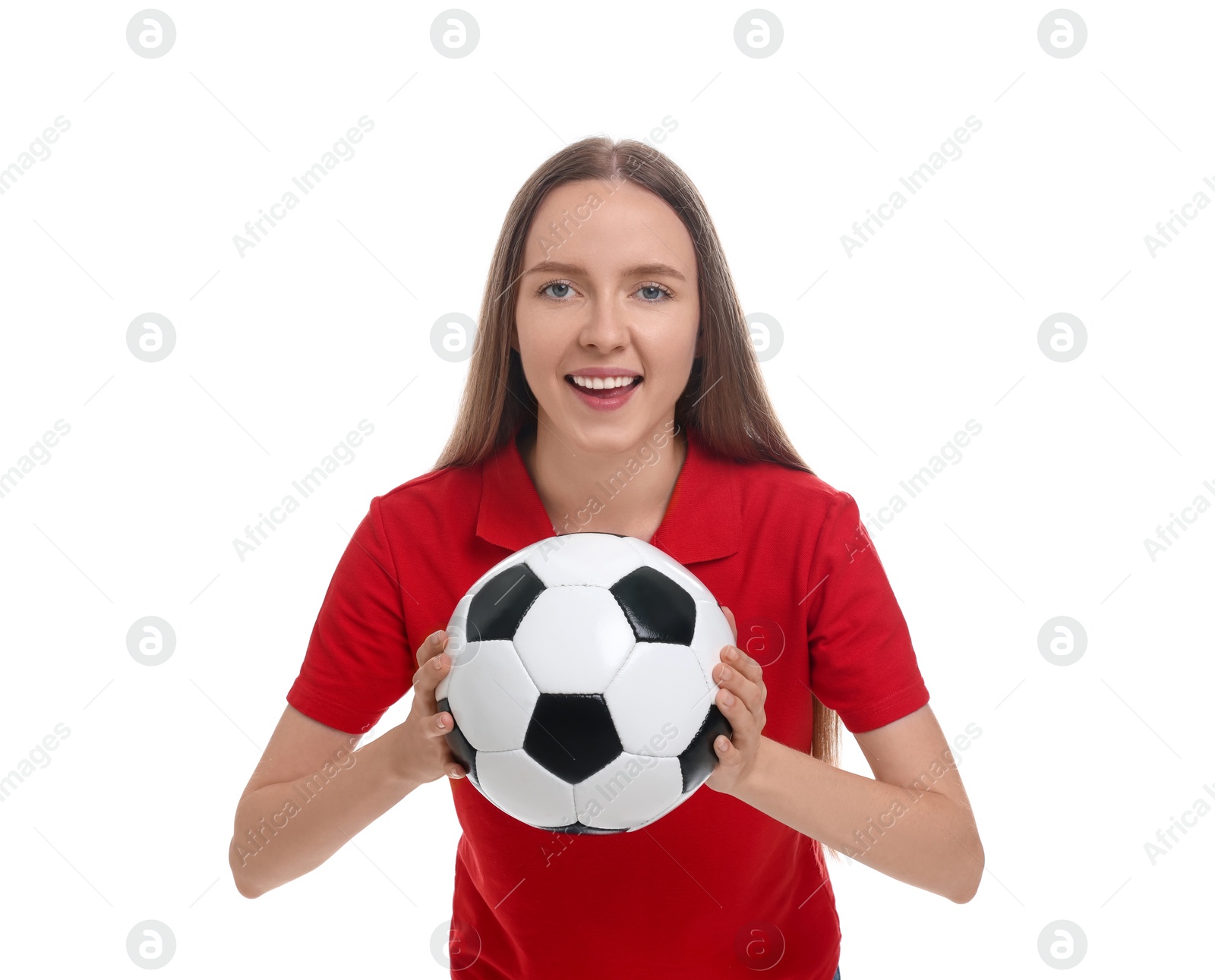 Photo of Emotional sports fan with ball on white background