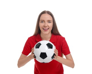 Photo of Emotional sports fan with ball on white background