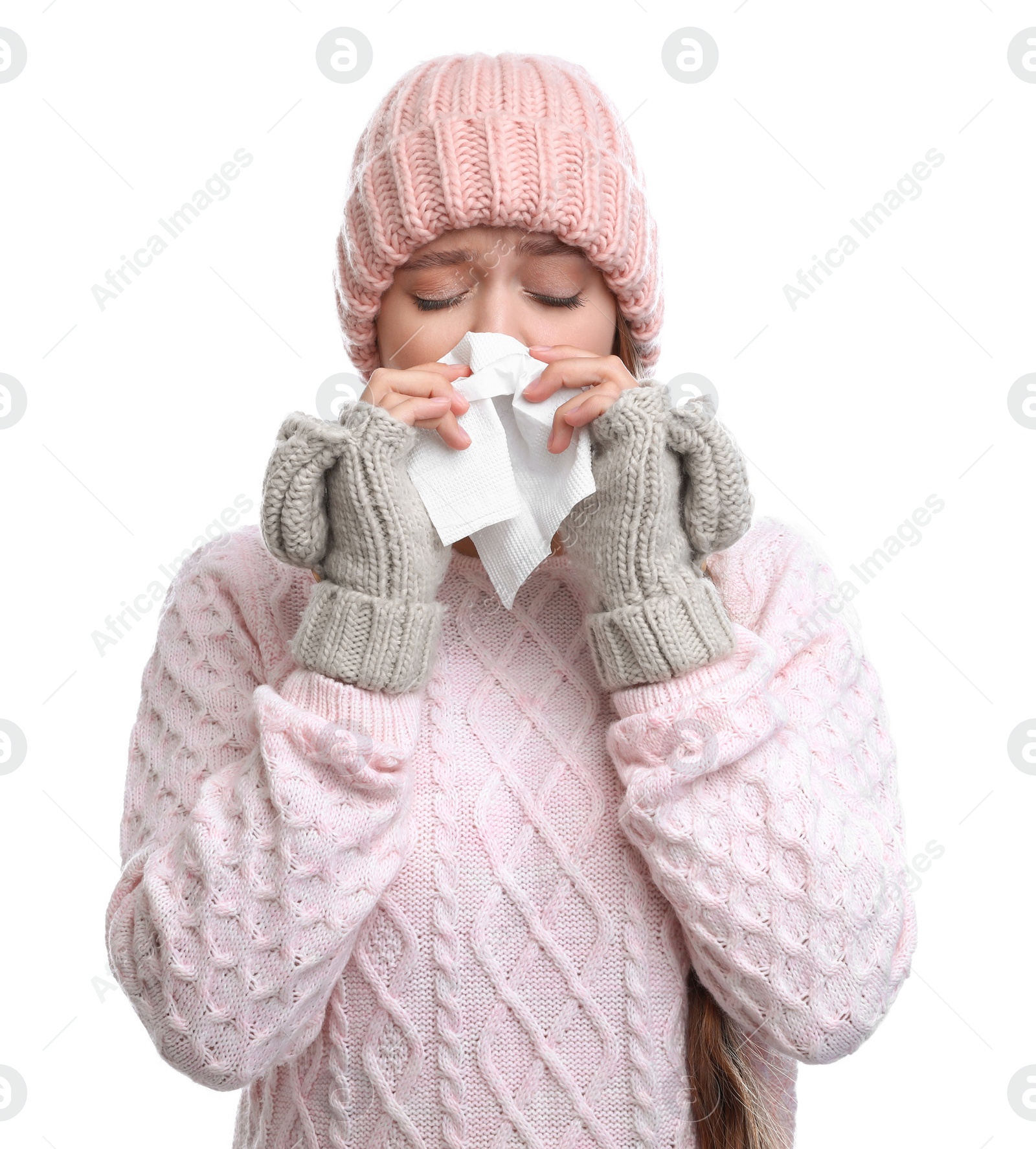 Photo of Young woman suffering from cold on white background