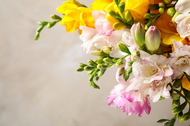 Photo of Beautiful blooming freesias against grey background, closeup. Space for text