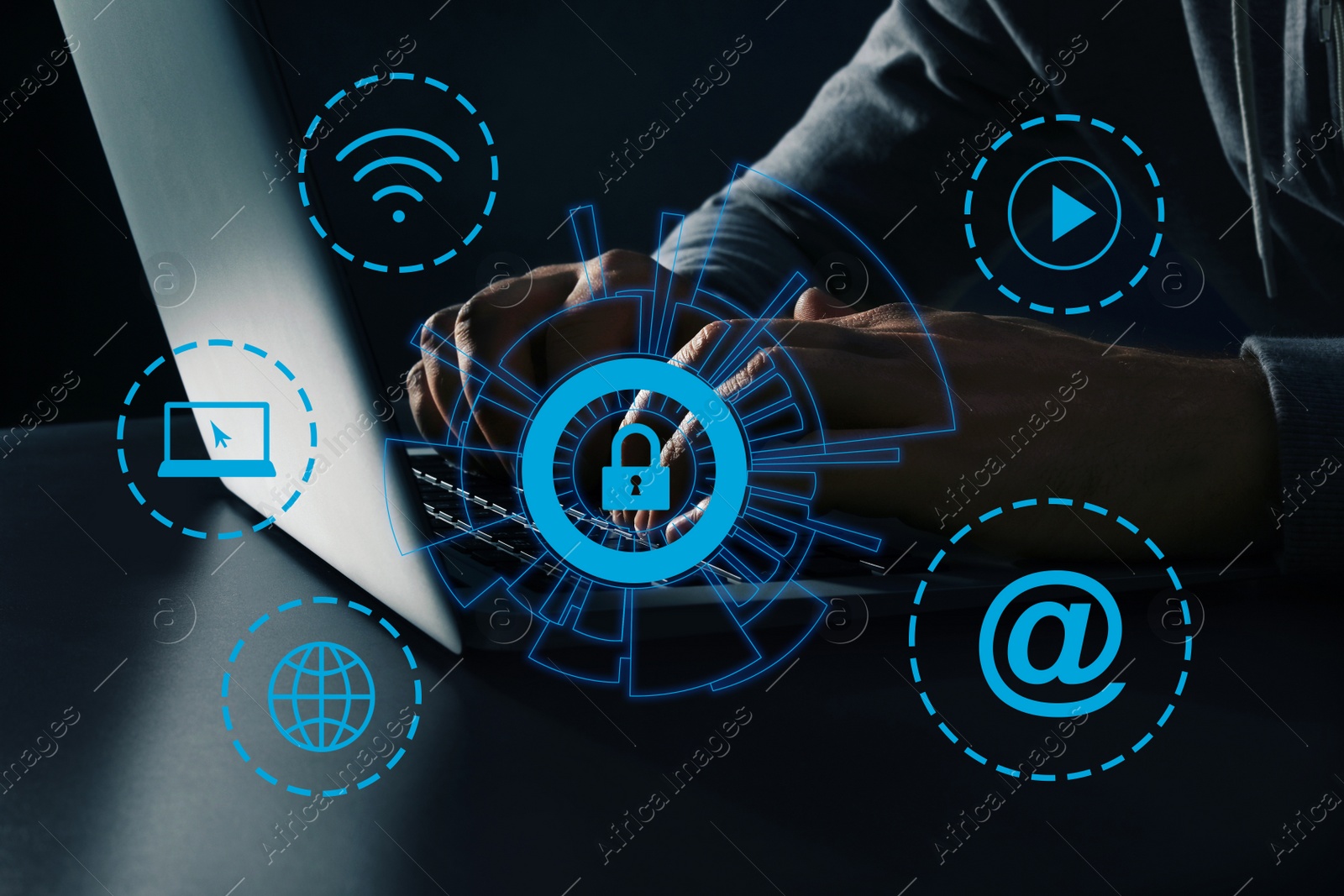 Image of Cyber security concept. Illustration of different virtual icons and man working with laptop at black table, closeup