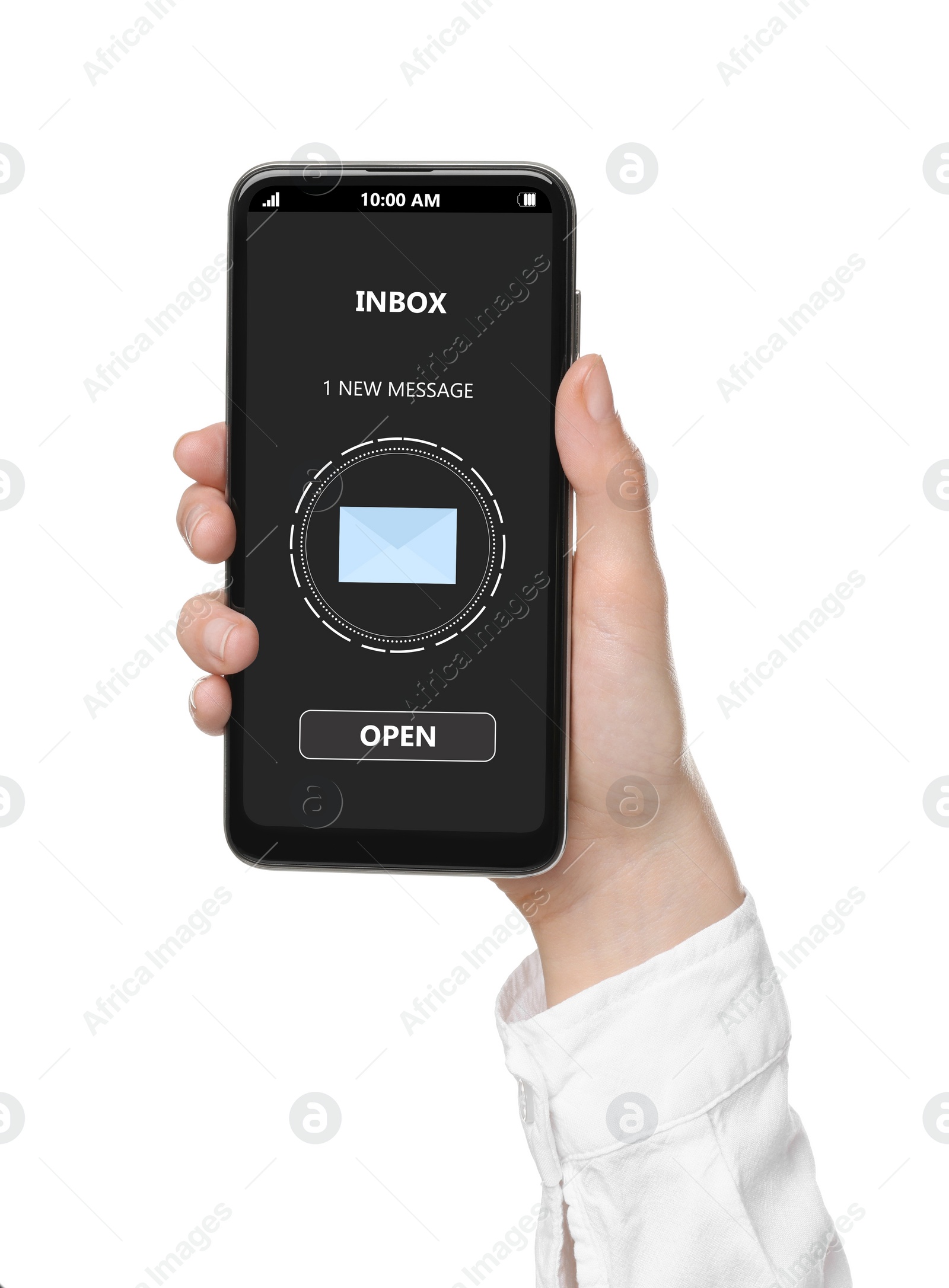 Image of Got new message. Woman holding smartphone on white background, closeup