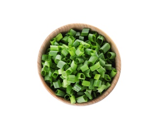 Photo of Wooden bowl of cut green onion on white background, top view