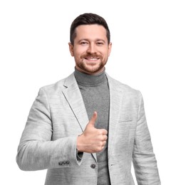 Handsome bearded businessman in suit showing thumb up on white background