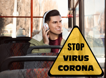 Image of Man keeping distance in trolleybus. Coronavirus outbreak 