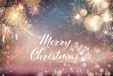 Image of Text Merry Christmas on festive background with fireworks. Bokeh effect