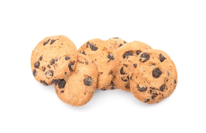 Photo of Pile of tasty chocolate chip cookies on white background