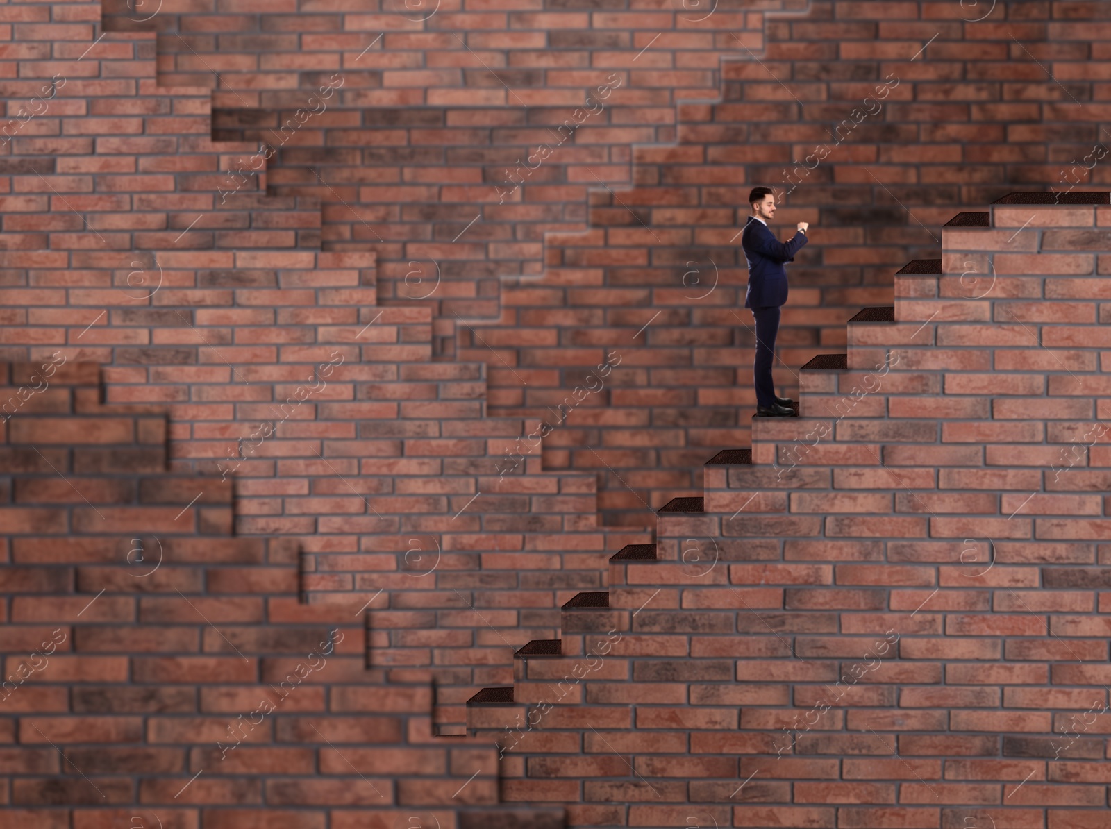 Image of Man standing on stairs and looking at wrist watch. Way to success