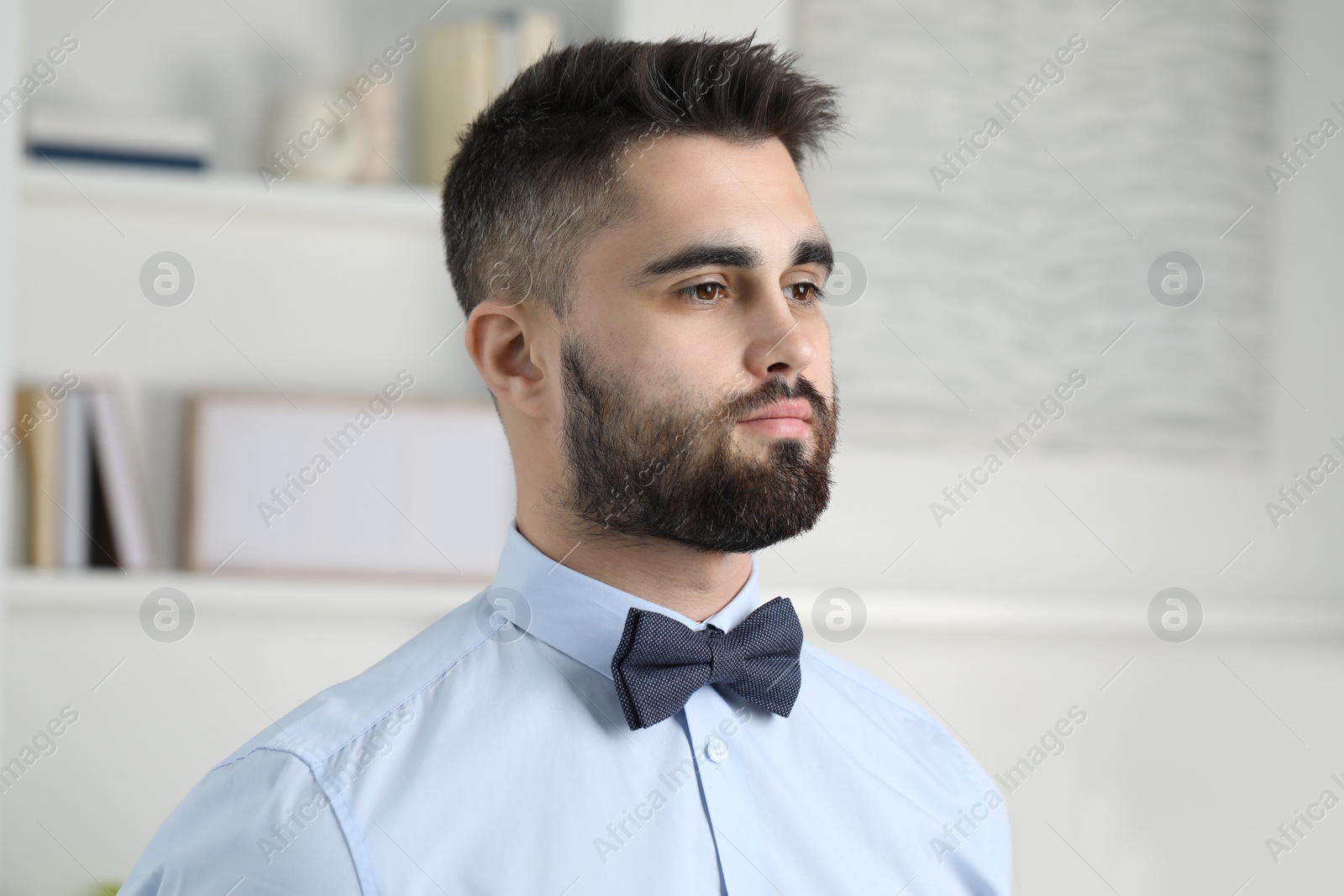 Photo of Portrait of handsome man in shirt and bow tie indoors