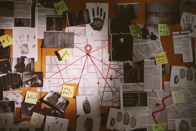 Photo of Detective board with fingerprints, photos, map and clues connected by red string