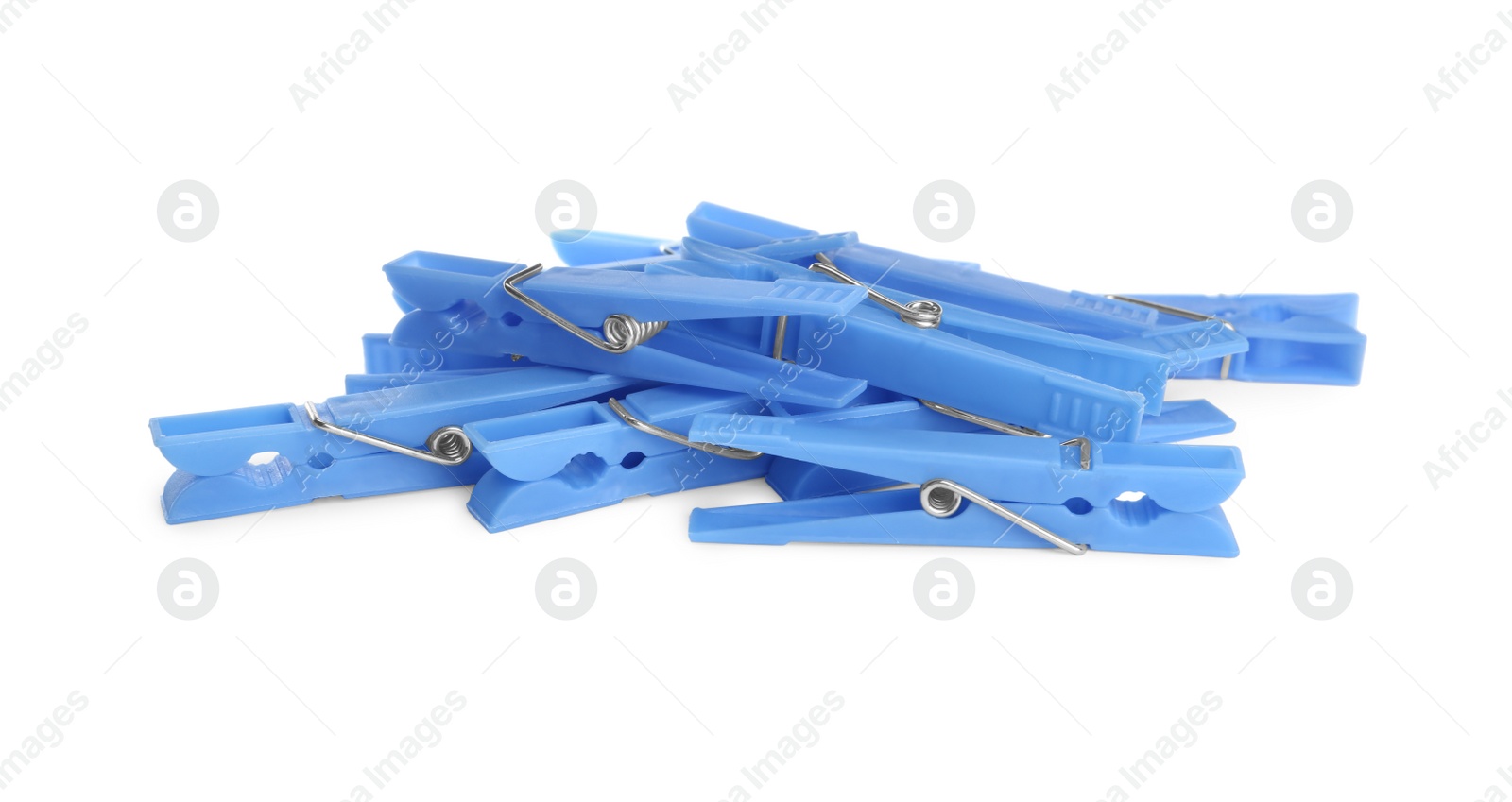 Photo of Light blue plastic clothespins on white background