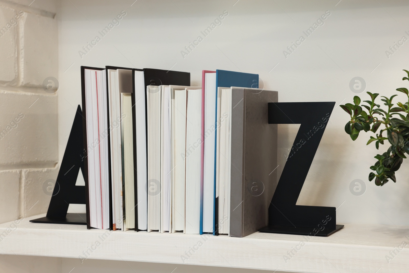 Photo of Decorative bookends with books and houseplant on shelf indoors