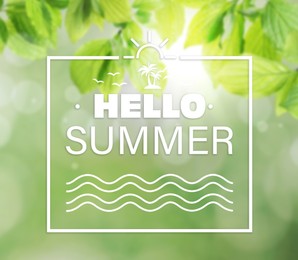 Image of Hello Summer. Beautiful green leaves on blurred background