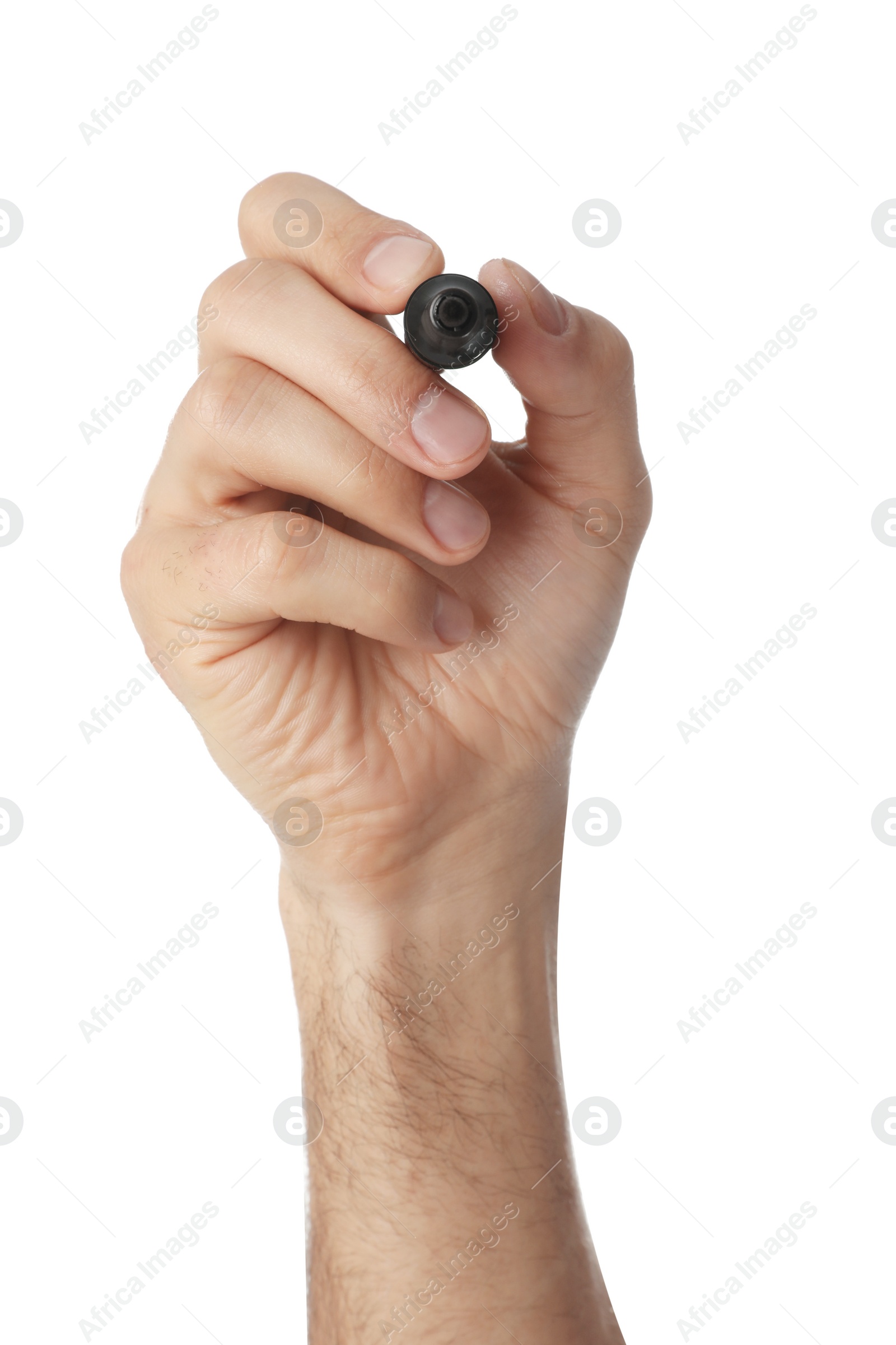 Photo of Man holding black marker on white background, closeup