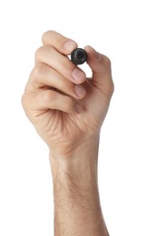 Photo of Man holding black marker on white background, closeup