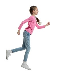 Photo of Cute little girl running on white background