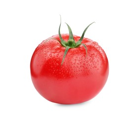 Photo of One red ripe tomato with water drops isolated on white