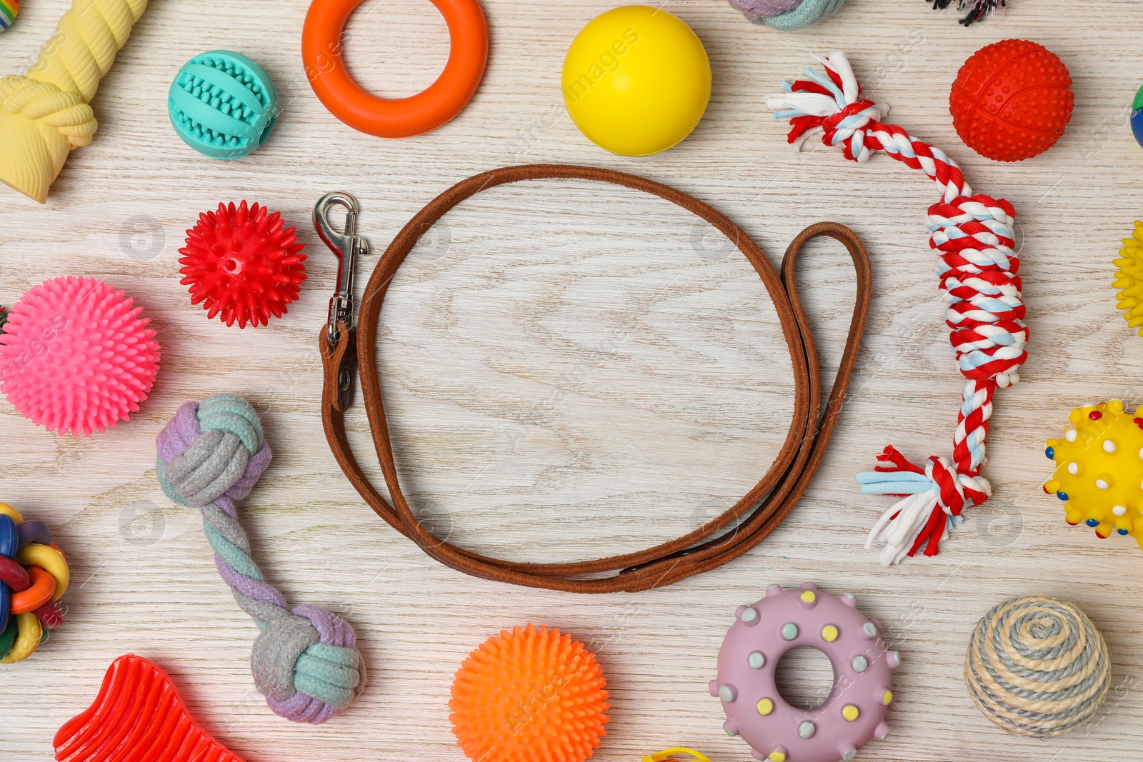 Photo of Frame made with dog leash and toys on white wooden background, flat lay. Space for text