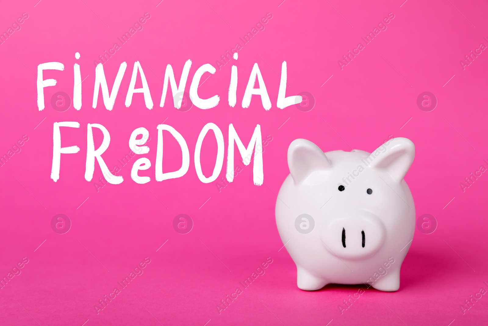 Image of Words Financial Freedom and piggy bank on pink background