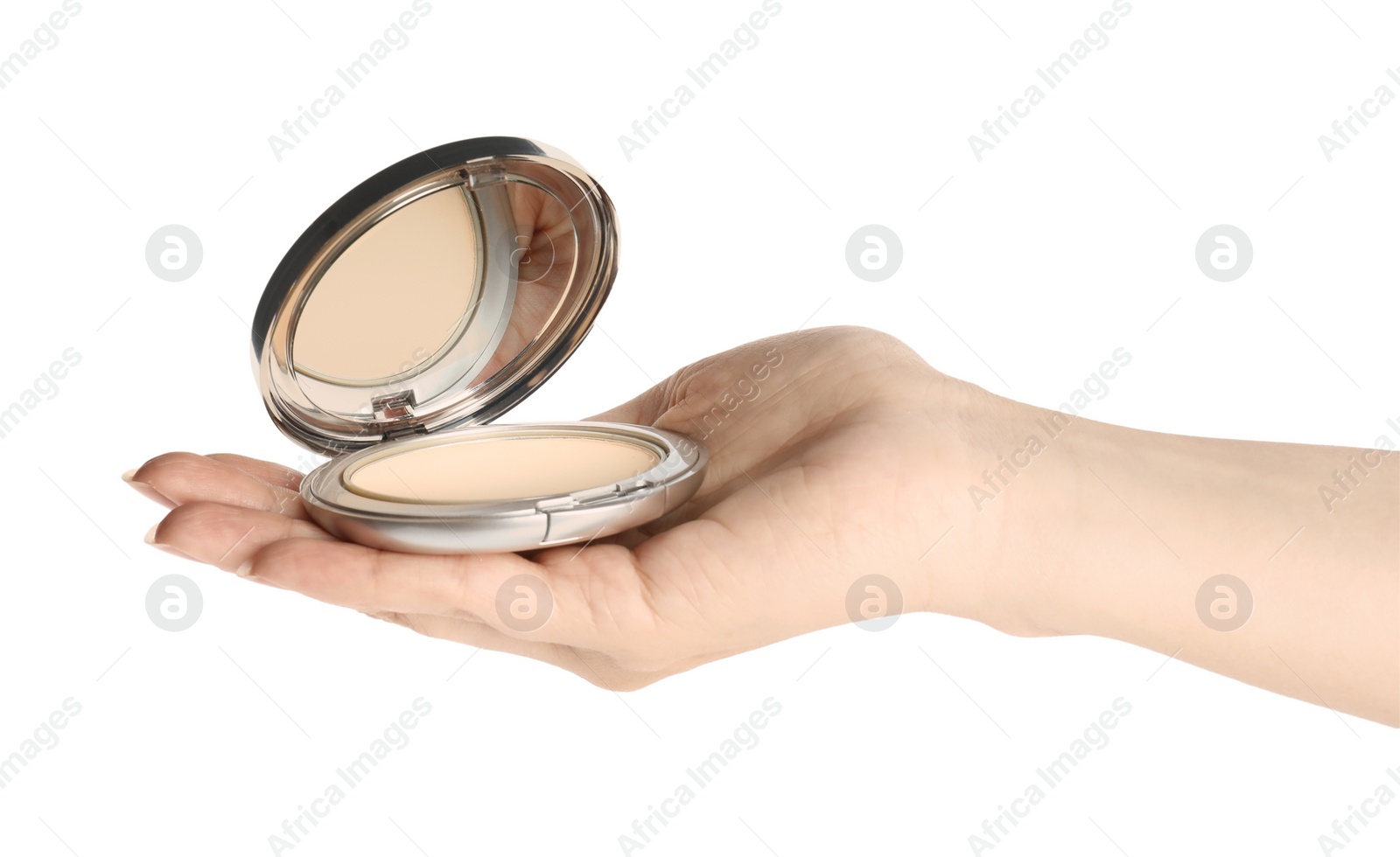 Photo of Woman holding grey pocket powder with mirror on white background, closeup. Cosmetic product