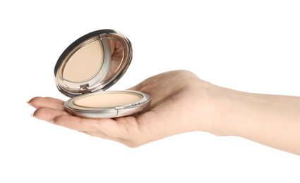 Woman holding grey pocket powder with mirror on white background, closeup. Cosmetic product