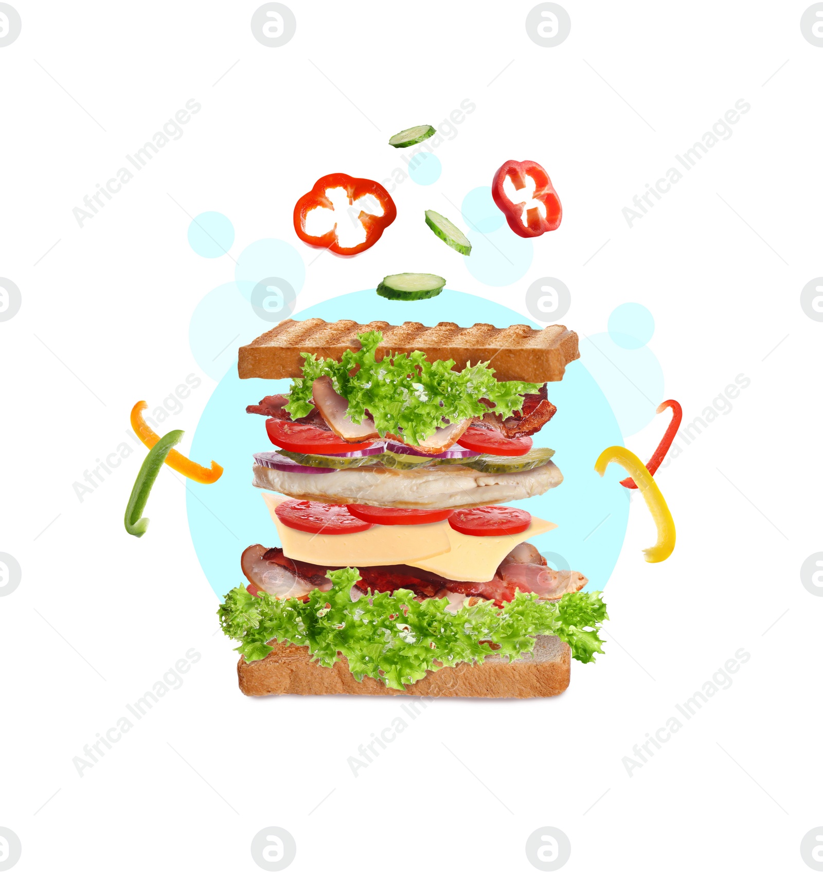 Image of Delicious sandwich with toasted bread on white background