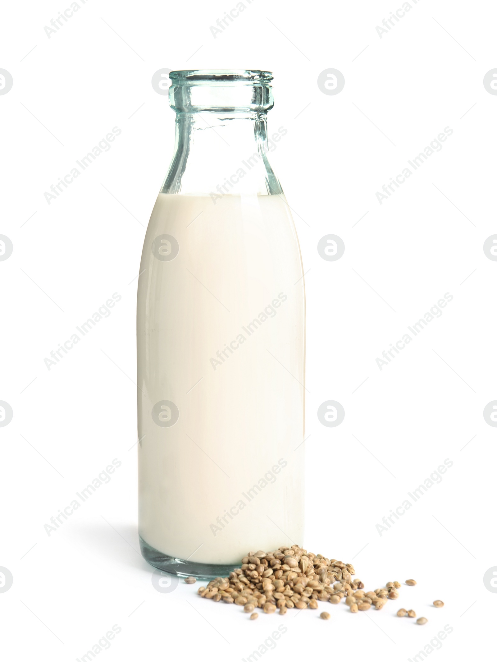Photo of Bottle of hemp milk on white background