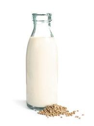 Bottle of hemp milk on white background