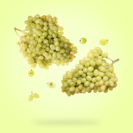 Image of Fresh grapes in air on light green background