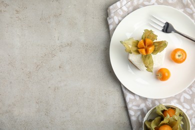 Photo of Delicious dessert decorated with physalis on grey table, flat lay. Space for text