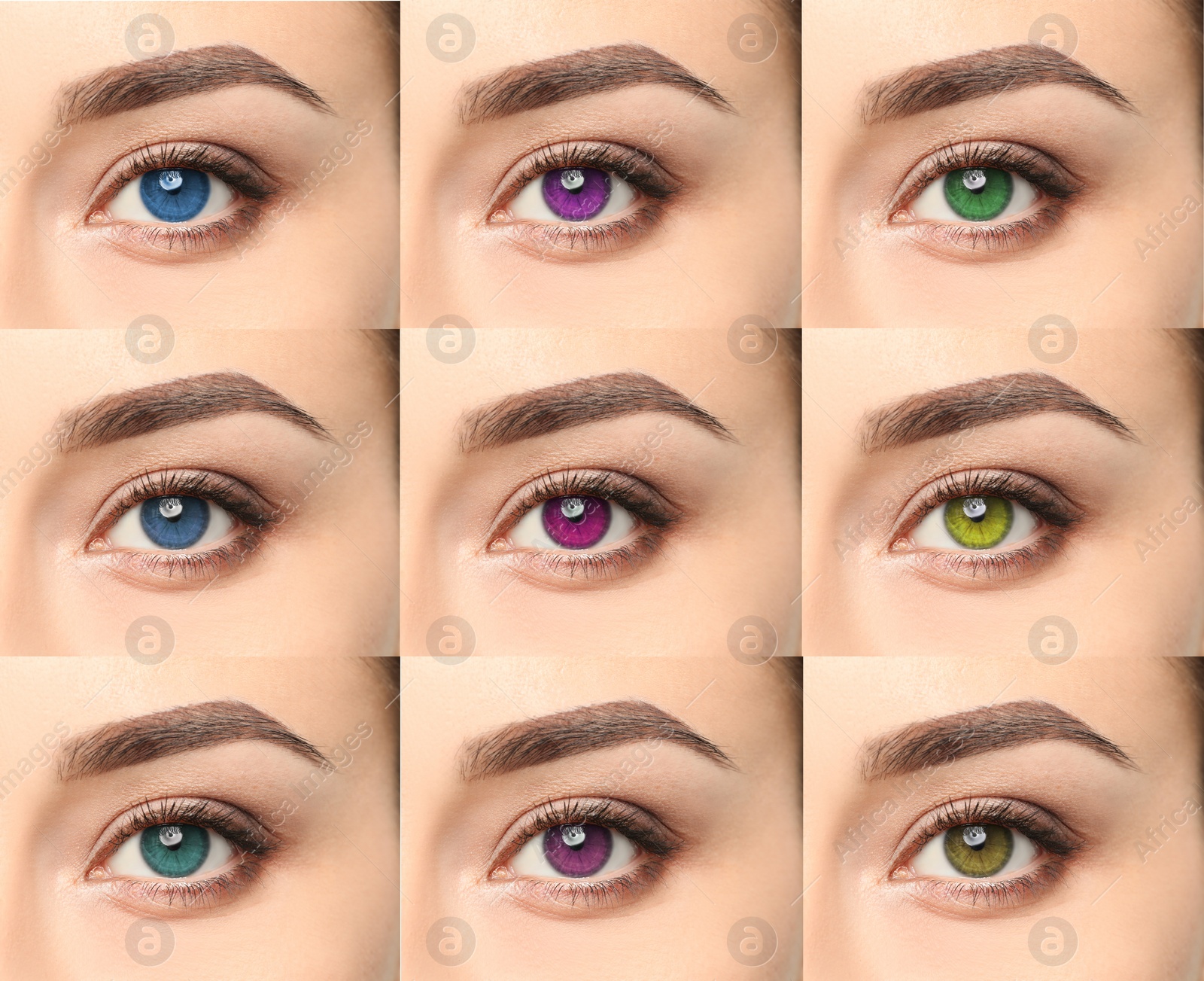 Image of Collage with photos of woman wearing different color contact lenses, closeup